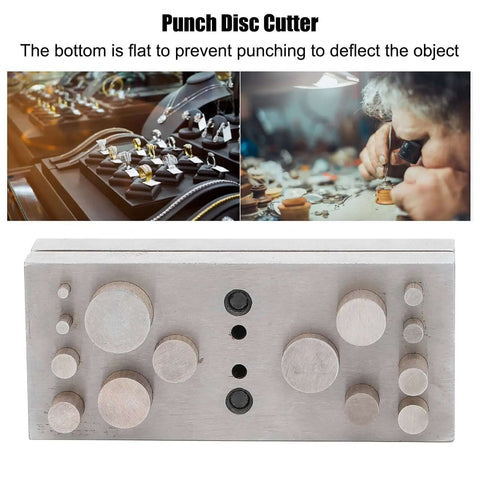 14 Piece Round Disc Cutter Set 2.7 To 16 mm Punch Die Kit for jewelry making and metal craft with flat bottom design on table.