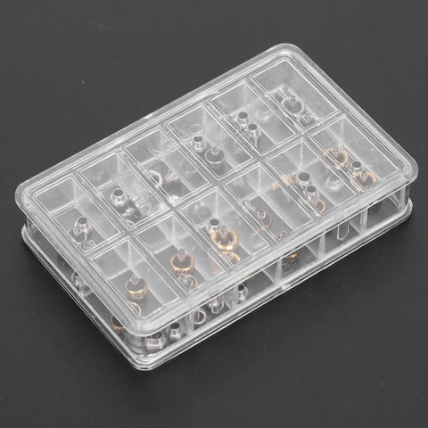 Pro Grade Watch Crown Kit With Copper And Stainless Steel Crowns in 12-slot organizer box on black surface.
