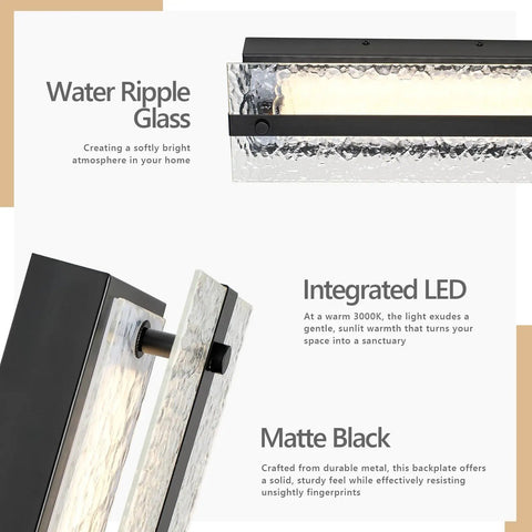 ElilyGiA 16 Inch Modern LED Wall Sconce Vanity Light, Black with water ripple glass and matte black finish.