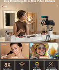 Ultra Dope 5K Video Camcorder With 8X Optical Zoom, 64MP Photos, WiFi Live Streaming on tripod during makeup tutorial