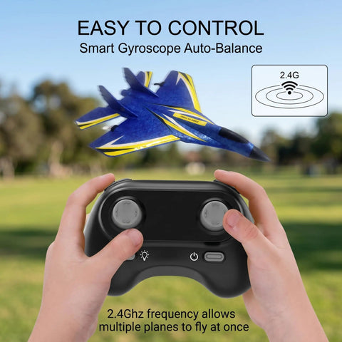 Beginner Friendly Remote Control Airplane With Gyro Stabilization flying in park, hands holding 2.4GHz remote control, easy to use