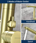 Close-up of Freestanding Brushed Gold Tub Filler Faucet With Hand Shower And Swivel Spout Floor Mounted Brass Tub Faucet.