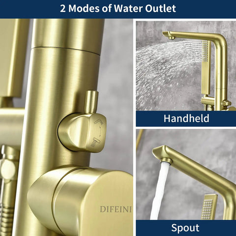 Close-up of Freestanding Brushed Gold Tub Filler Faucet With Hand Shower And Swivel Spout Floor Mounted Brass Tub Faucet.