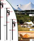 24 Pack Tent Stakes 12 Inch Heavy Duty Forged Steel Stakes That Are Tough As Nails With Storage Pouch, three sizes displayed