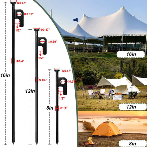 24 Pack Tent Stakes 12 Inch Heavy Duty Forged Steel Stakes That Are Tough As Nails With Storage Pouch, three sizes displayed