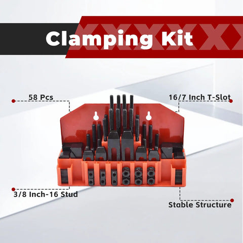 Pro Series Fifty Eight Piece Seven Sixteenths Inch T Slot Clamping Kit With Hardened Hold Down Clamps And Three Eighths Inch Sixteen Threaded Studs