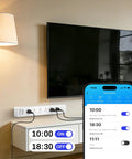 Smart WiFi Power Strip Surge Protector Packs Six Independently Switched Outlets and Four Fast Charging USB Ports with a Sleek Type C Adapter, shown controlling devices with app.
