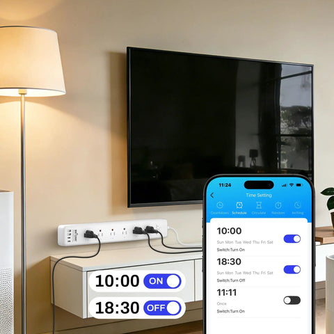 Smart WiFi Power Strip Surge Protector Packs Six Independently Switched Outlets and Four Fast Charging USB Ports with a Sleek Type C Adapter, shown controlling devices with app.
