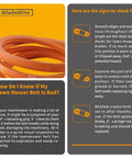 Infographic showing signs of wear for lawn mower belts beside an image of a Deck Spindle Belt Kevlar Cord For Lawn Tractors With Briggs And Stratton Engine Heavy Duty Aramid Fiber Drive Belt Upgrade For 46 Inch Hydro Drive Units Compatible With Snapper Murray 709795 704427 And Murray 96042010200 96042010300.