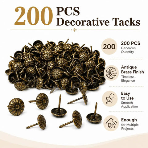 Top Shelf Antique Brass Upholstery Tacks Two Hundred Piece Set Badass Decorative Thumb Nails, 200 rust resistant tacks in antique brass finish.
