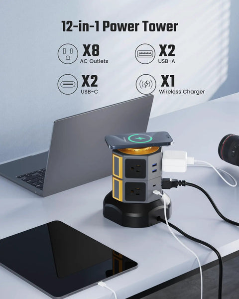 Power Strip Tower With 15W Magnetic Wireless Charger On Top, 6.5Ft Retractable Cord, 1050J Surge Protector, Eight Outlets And Four USB Ports Including Two USB C, Desktop Charging Station For Home Office Garage displayed on desk with devices.