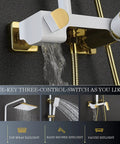 Kick Start Your Daily Ritual With This Clean White Shower Set Featuring A Smooth Waterfall Tub Spout Plus A Spacious 260 By 170 Mm Rainhead Coupled With A Practical Handheld Combo Built For Quick Wall Mounting To Elevate Any Bathroom Flex showing water flow and controls.