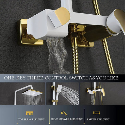 Kick Start Your Daily Ritual With This Clean White Shower Set Featuring A Smooth Waterfall Tub Spout Plus A Spacious 260 By 170 Mm Rainhead Coupled With A Practical Handheld Combo Built For Quick Wall Mounting To Elevate Any Bathroom Flex showing water flow and controls.