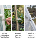 Heavy Duty Stainless Steel Garden Clips 50 Pack For Greenhouses With 2 Inch Long Grips shown securing netting and film outdoors