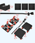 Heavy Duty Furniture Movers With 4 Wheels And Lift Arm Tool Set For Easy Move Heavy Sofa Couch Or Appliance Across Hard Floors Like Tile Or Wood Without Scratching Surfaces showing red wheeled plates and lifting arm.