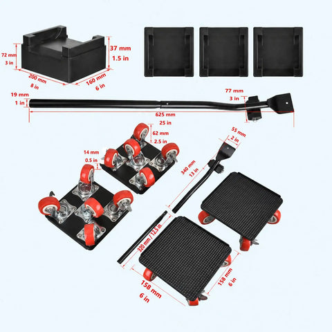 Heavy Duty Furniture Movers With 4 Wheels And Lift Arm Tool Set For Easy Move Heavy Sofa Couch Or Appliance Across Hard Floors Like Tile Or Wood Without Scratching Surfaces showing red wheeled plates and lifting arm.