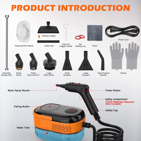 Heavy Duty Portable Handheld Steam Cleaner For Home And Auto with attachments, water tank, and nozzle for versatile cleaning.