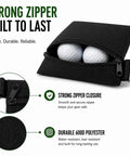 Two Pack Golf Tee Pouches With Clip holding golf balls, durable nylon with strong zipper, compact 5.24 by 6.42 inch organizer.