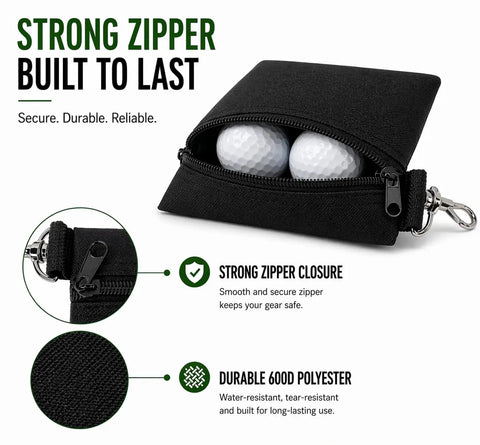 Two Pack Golf Tee Pouches With Clip holding golf balls, durable nylon with strong zipper, compact 5.24 by 6.42 inch organizer.