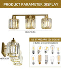 Gold Vanity Light Fixture For Bathroom Over Mirror, 3 Light Crystal Wall Sconces With Modern Design, detailed size display