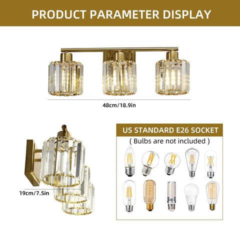 Gold Vanity Light Fixture For Bathroom Over Mirror, 3 Light Crystal Wall Sconces With Modern Design, detailed size display