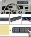 Beefy 8 Gang Waterproof Aluminum Switch Panel With 12V 24V Rocker Switches and Blue LED in boat dashboard view
