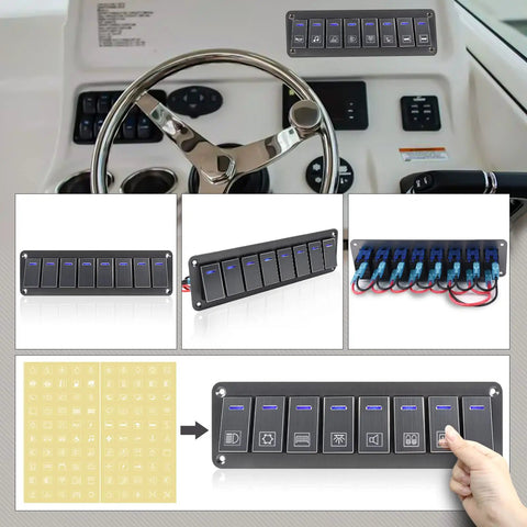 Beefy 8 Gang Waterproof Aluminum Switch Panel With 12V 24V Rocker Switches and Blue LED in boat dashboard view