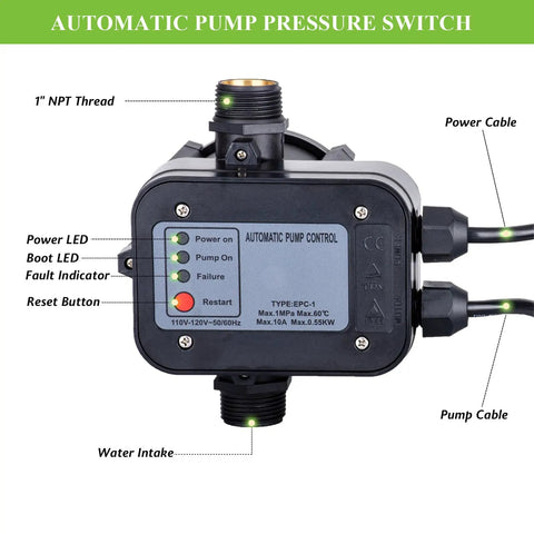 Front view of IP65 Automatic Water Pump Controller With Pressure Switch And Flow Sensor showing LED indicators and connectors.