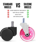 Comparison of standard and pink Rollerblade Office Chair Wheels Set Of Five Rollin Smooth As Butter to silently shield floors.