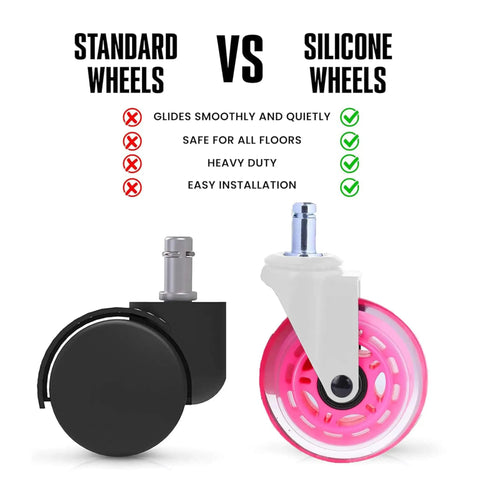 Comparison of standard and pink Rollerblade Office Chair Wheels Set Of Five Rollin Smooth As Butter to silently shield floors.