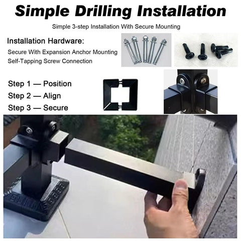Heavy Duty Outdoor Privacy Fence Extension Frame With Flat Railing Guardrail Kit installation steps with mounting hardware shown.