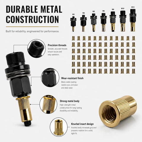 Rivet Nut Tool Kit 77 Piece Kit With 70 Rivet Nuts M3 To M12 And 7 Mandrel Adapters For Quick Auto Body Metal Fabrication DIY Projects Pro Grade Durable Metal Construction With Black Oxide Coating Rust Resistant, M3-M12 inserts