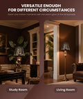 Barrel Metal Lampshade With Trees Pattern, Spider Fitter on table and floor lamps in study and living room settings.