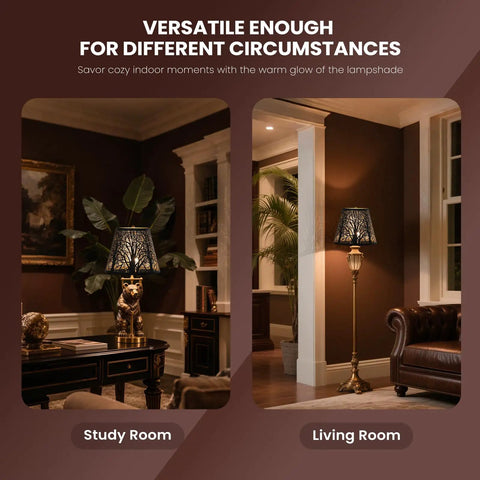 Barrel Metal Lampshade With Trees Pattern, Spider Fitter on table and floor lamps in study and living room settings.