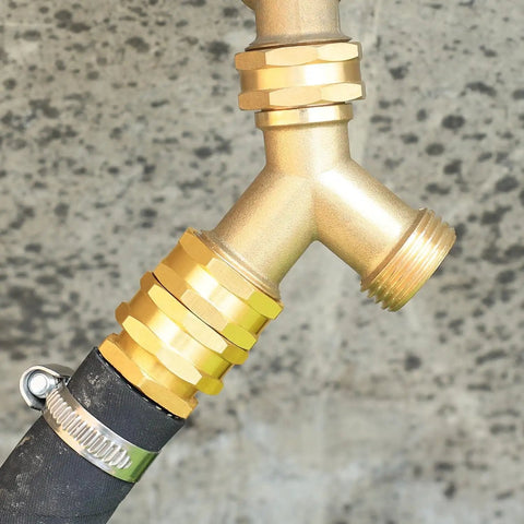 Heavy Duty Solid Brass Garden Hose Fittings Set With Double Female Couplers, Three Quarter GHT Female Threads in use on hose