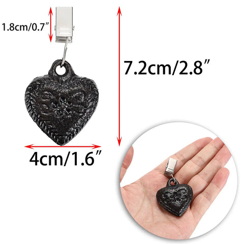 Set Of 4 Cast Iron Heart Shaped Tablecloth Weights Clips Heavy Duty Windproof Clips For Outdoor Patio Garden Picnic shown with dimensions