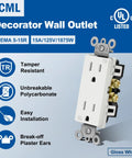 Tamper Resistant Decorator Wall Outlet 15 Amp 125V Electrical Receptacle 2 Pole 3 Wire Residential Grade UL Listed White