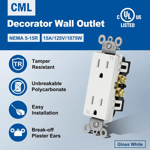 Tamper Resistant Decorator Wall Outlet 15 Amp 125V Electrical Receptacle 2 Pole 3 Wire Residential Grade UL Listed White