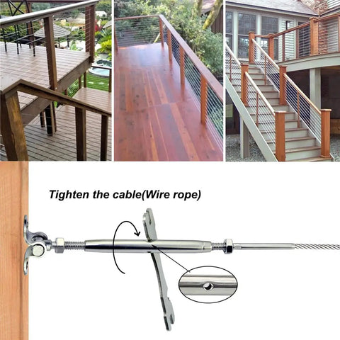 DIY Cable Railing Kit With Turnbuckles For Wood Posts, 20 Pairs Metal Fittings For Stair And Deck, 1/8 Inch Stainless Steel Cable