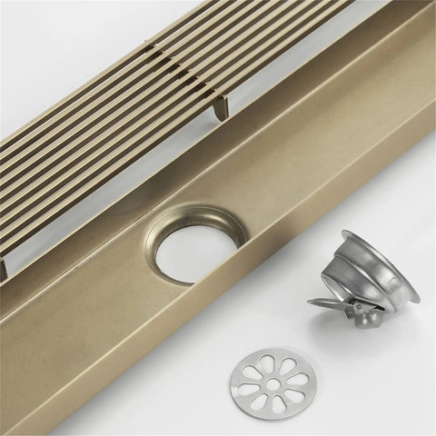 Real Deal Linear Shower Drain In Toughened Stainless Steel With Removable Hair Catcher Grate Rapid Drain Design For Bathroom Floors No Sweat Cleaning And Green Bronze Finish top view with drainage components