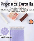 100 Count Bubble Mailer Set Four Sizes Self Adhesive Waterproof Padded Envelopes For Shipping And Mailing Cushioning Seal Bubble Mailers For Small Business Packaging Purple with makeup items displayed.