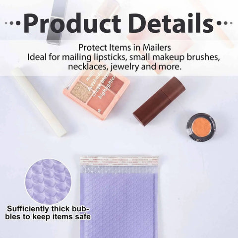 100 Count Bubble Mailer Set Four Sizes Self Adhesive Waterproof Padded Envelopes For Shipping And Mailing Cushioning Seal Bubble Mailers For Small Business Packaging Purple with makeup items displayed.