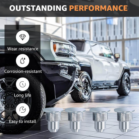 15 Pcs Camber Alignment Guide Pins Set For Silverado Sierra Tahoe Suburban Yukon Escalade Hummer H2 H3 Suspension Systems Durable Zinc Plated Iron Pins For Precise Wheel Camber Alignment And Easy Installation For Trail Ready Rigs displayed in front of a truck.