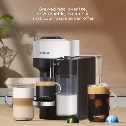 Vertuo Lattissima One Touch Coffee And Espresso Maker Matte White Finish for creamy lattes and rich cappuccinos, front view.