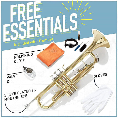 Bb Standard Trumpet Starter Kit In Gold For Beginners With Smooth Valves, Durable Lacquer Finish, Easy To Play Design, And Eye Catching Shine For Practice, School Band Or Band Camp, with accessories