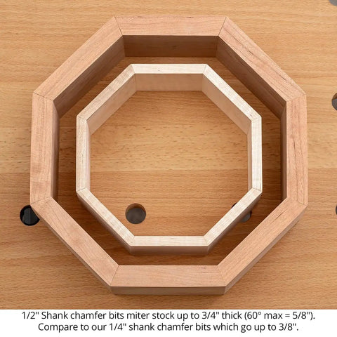 Pro Grade Four Piece Chamfer Router Bit Set With Carbide Cutters And Twin Bearings For Swift Bevels and Miter Joints on wood frames.
