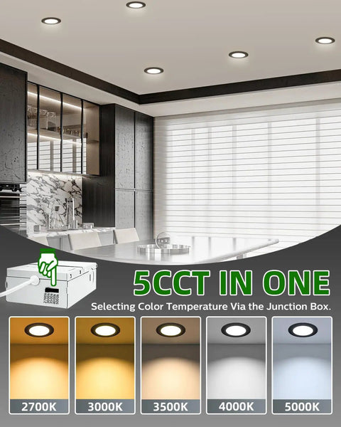 Modern kitchen with 12 Pack 6 Inch Black LED Recessed Ceiling Lights With Junction Box, 5 CCT Selectable 2700K to 5000K.