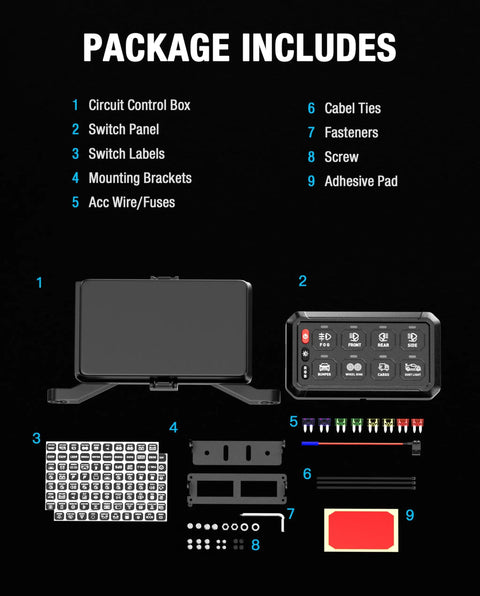 Package components of Eight Gang RGB Switch Panel With Waterproof Relay Box Adjustable Brightness Acc Wired LED Pod And Touch Toggle