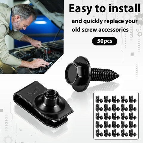 Heavy Duty Fifty Piece Quarter Inch Automotive Body Bolt And U Nut Clip Fastener Kit with black bolt and clips for truck repairs.