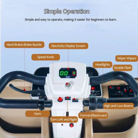 Chill Four-Seater Electric Golf Cart With Massive Storage Trunk And 800W Motor control panel with speed knob, display screen, and horn.